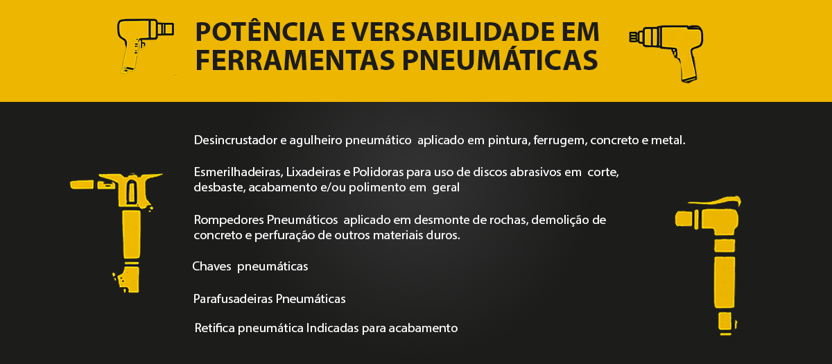  POTÊNCIA E VERSABILIDADE EM FERRAMENTAS PNEUMÁTICAS - Desincrustador e agulheiro pneumático  aplicado em pintura, ferrugem, 
concreto e metal.  Esmerilhadeiras, Lixadeiras e Polidoras para uso de discos 
abrasivos em  corte, desbaste, acabamento e/ou polimento 
em  geral - Esmerilhadeiras, Lixadeiras e Polidoras para uso de discos 
abrasivos em  corte, desbaste, acabamento e/ou polimento 
em  geral - Chaves  pneumáticas - Parafusadeiras Pneumáticas  - Retifica pneumática Indicadas para acabamento -Rompedores Pneumáticos  aplicado em desmonte de rochas, demolição de 
concreto e perfuração de outros materiais duros.
 